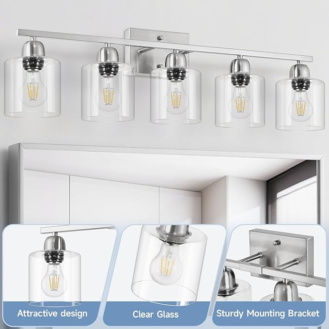Modern Brushed Nickel 5 Light Bathroom Vanity Light, 31 inch Bathroom Light Fixtures, Vanity Lights with Clear Glass for Mirror Kitchen Living Room Hallway Cabinet Porch