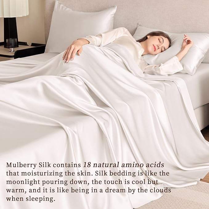 THXSILK Silk Sheet Set 4Pcs, 6A+ Top Grade 100% Pure Mulberry Silk Bed Sheets Ultra Soft Durable Luxury Bedding Sets, 1 Fitted Sheet, 1 Flat Sheet and 2 Pillowcases (Twin-XL, Pearl White)