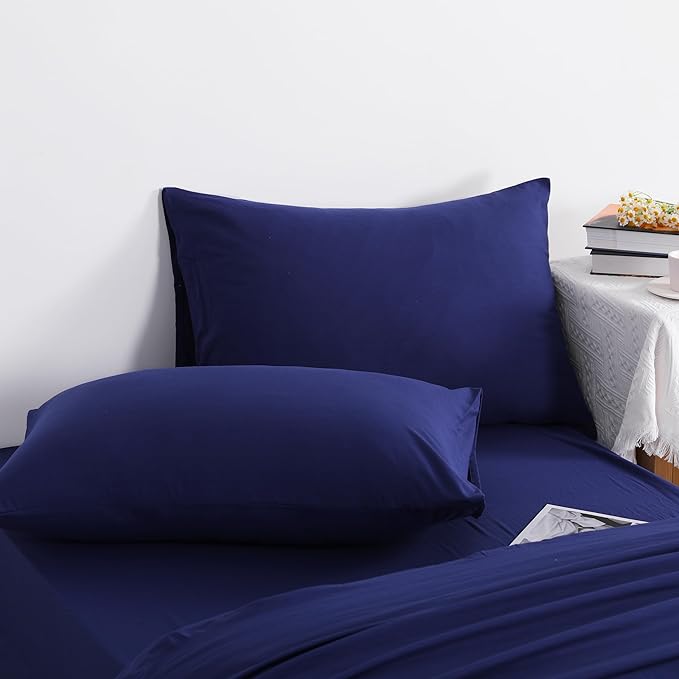 NTBAY Twin Comforter Set with Sheets, 5 Pieces Soft and Breathable Bedding Set, Bed in a Bag, Down Alternative Comforter Set Solid Color All Season, Kids Bedding Set, Navy Blue