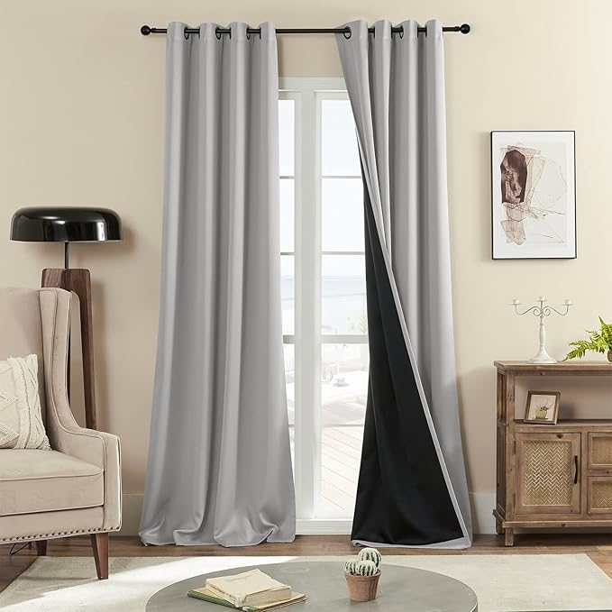 100% Blackout Curtains , 96 inches 2 Panel Sets, Heat and Full Light Blocking Drapes with Grommets for Bedroom, Thermal Insulated Window Treatment Drapes for Living Room (Light Grey, 52Wx96L)