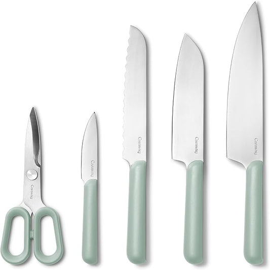 Caraway 5 Piece Knife Set - Premium German Steel Blade Kitchen Knives - Ergonomic Handles - No Microplastics - Mist