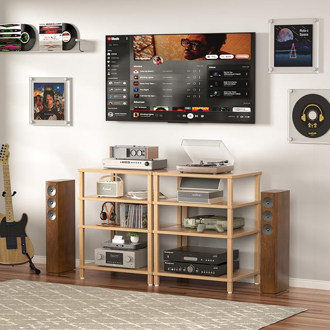 4-Tier AV Media Player Stand, Natural Stereo Cabinet, Modern Audio Shelf, Wooden TV Stand,Game Console Shelf, Multifunctional Entertainment Center, Suitable for Home, Conference Room, Game Studio