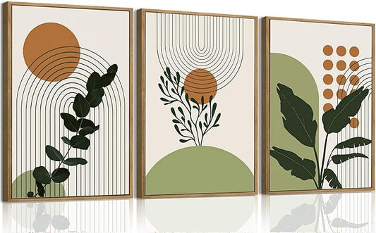 Bwodke Boho Wall Art, Framed Abstract Wall Art, Botanical Canvas Wall Decor, Mid Century Plant Leaf Geometric Pictures Set of 3, Minimalist Paintings, for Bedroom Living Room Bathroom 16"x24"