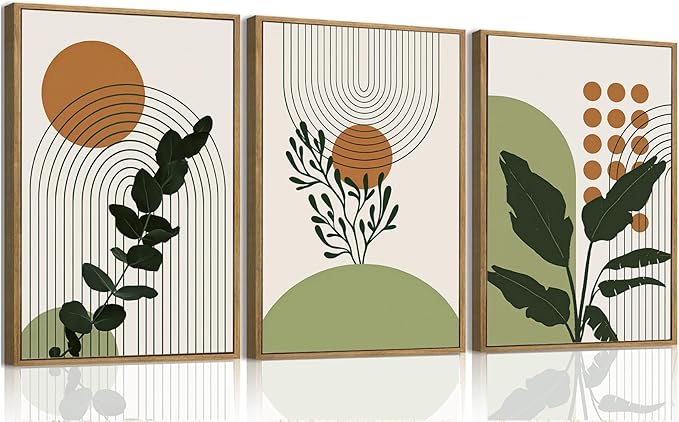 Bwodke Boho Wall Art, Framed Abstract Wall Art, Botanical Canvas Wall Decor, Mid Century Plant Leaf Geometric Pictures Set of 3, Minimalist Paintings, for Bedroom Living Room Bathroom 12"x16"
