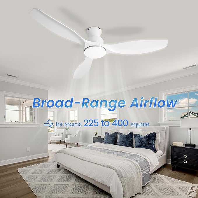 52" White Ceiling Fan with Light and Remote, Flush Mount Low Profile Ceiling Fans, Ceiling Fan with Dimmable LED Lights, 6 Speed, Silent Reversible DC Motor,White Fan for Bedroom/Living Room/Patios