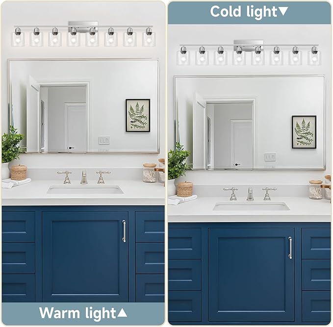 Modern Brushed Nickel 8 Light Bathroom Light Fixtures,52 inch Vanity Lights with Clear Glass, Bathroom Light Fixture for Mirror Kitchen Living Room Hallway Cabinet Porch