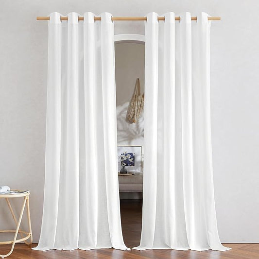 NICETOWN Linen Flax Semi Sheer Curtains 92" Length, Grommet Window Treatments Privacy Added with Light Penetration Vertical Drapes for Loft/Home Office, White, W55 x L92, 2 Panels