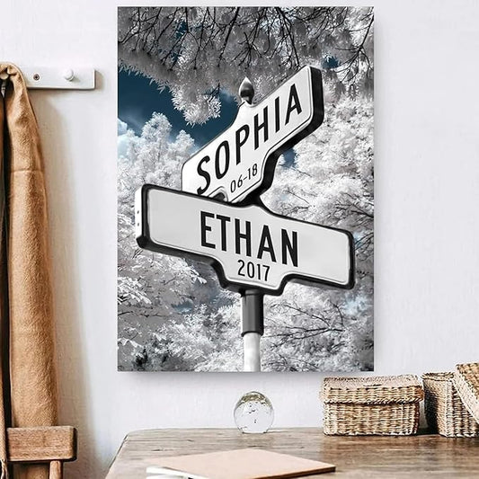 Personalized Canvas Vintage Street Sign For Couple, Crossroads StreetSign Best Gift For Сouple, Custom Name And Date VintageStreet Sign Art Canvas Of Poster #11
