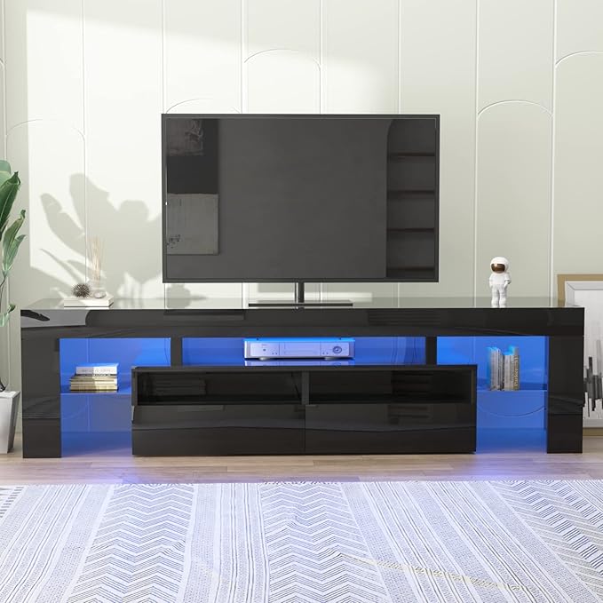 St.Mandyu LED TV Stand for 60/65/70 inch TV, High Glossy Modern Entertainment Center with Drawer and Led Lights, Television Table Center Media Console for Living Game Room Bedroom, Black