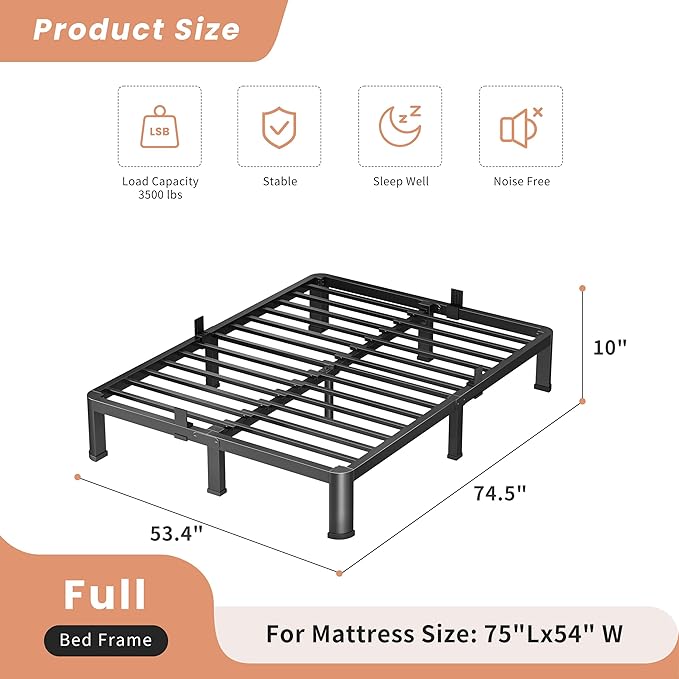 10 Inch Full Heavy Duty 3500 lbs Bed Frame with Round-Corner Legs & Anti-Squeak Design – Quick Assembly Metal Platform, No Box Spring Needed