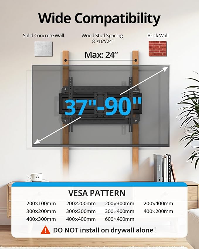 USX STAR 37-90 inch Heavy Duty Full Motion TV Wall Mount, Fits 24" Wood Studs, Wall Mount tv Bracket with Smooth Swivel, Tilt, Extension, Hold up to 150lbs, Max VESA 600x400 mm, Fit Most 75 85 90 TVS
