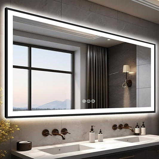 84x40 Large Light up Bathroom Mirror, Wall-Mounted LED Vanity Mirrors, Black Trim and Double Lights, 3 Colors and Stepless Dimming, Anti-Fog, Memory, Shatterproof (Horizontal/Vertical)