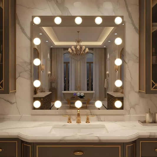 32x32 Hollywood LED Bathroom Mirror with LED Bulbs, Colors Changeable & Brightness Dimmable, Anti-Fog Mirror, Shatter-Proof, Memory, Touch Screen Mirror, Wall Mounted, Horizontal/Vertical