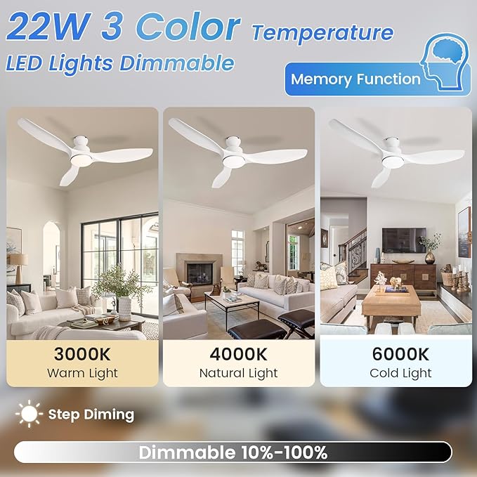 52" White Ceiling Fan with Light and Remote, Flush Mount Low Profile Ceiling Fans, Ceiling Fan with Dimmable LED Lights, 6 Speed, Silent Reversible DC Motor,White Fan for Bedroom/Living Room/Patios