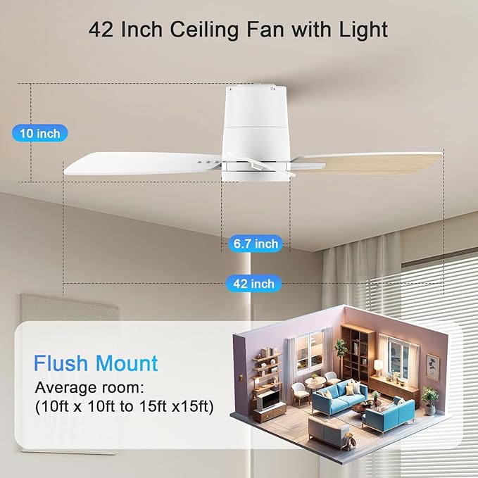 Ceiling Fans with Lights,42 inch,Quiet Reversible Motor,Easy to Install,6 Speeds,3CCT,Timer, White Modern Ceiling Fan for Living Room, Bedroom, Kitchen, Dining room, Office