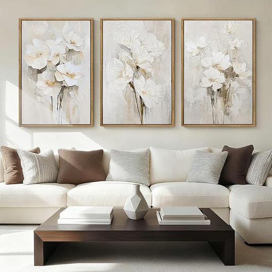 Anyzal Large Framed Beige Floral Wall Art Neutral Flower Wall Decor for Living Room Bedroom Dining Room 24x36 Inch Set of 3