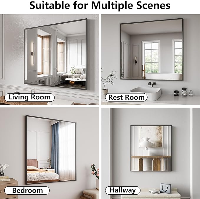 Bathroom Mirror 36x40 Black Bathroom Wall-Mounted Mirrors, Modern Vanity Mirror for Bedroom, Living Room, Aluminum Alloy Frame Allow to Hang Horizontally or Vertically