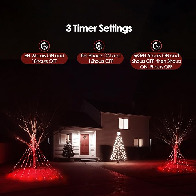 WBao 344 LED Christmas Lights Outdoor Decorations with 12" Star Topper, 11.9ft Waterfall Christmas Lights, Remote Control 8 Modes, 3 Timers, UL Listed Waterproof for Tree Roof Porch Xmas Decor, Red