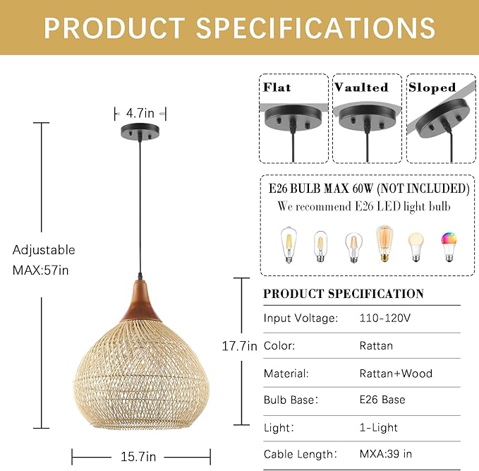 Rattan Pendant Light, 15.7" Rattan Chandelier Hand-Woven Boho Pendant Light Fixtures with Solid Wood, Basket Wicker Chandelier for Dining Room Kitchen Island Living Room