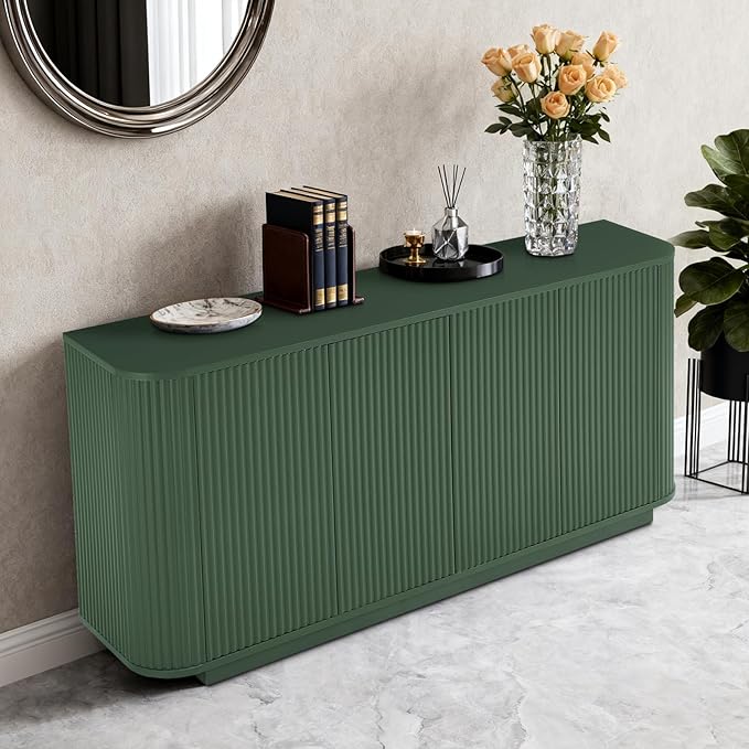 64" Sideboard Buffet Cabinet with Storage, Modern Fluted Accent Credenza with Adjustable Shelves, Wood Media Console Coffee Bar Table for Living Room Kitchen Dining Room, 31.5" H, Green