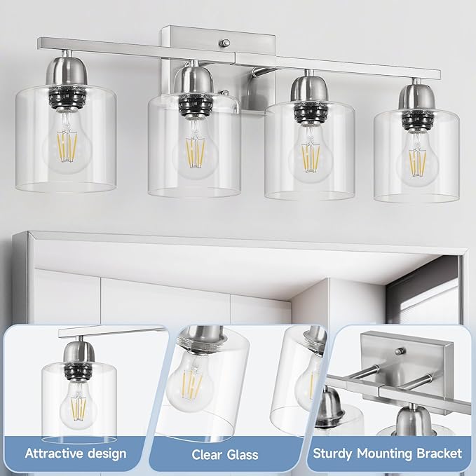 Modern Brushed Nickel 4 Light Bathroom Light Fixtures, 24 inch Vanity Lights for Bathroom with Clear Glass, Vanity Light for Mirror Kitchen Living Room Hallway Cabinet Porch