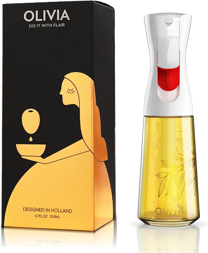 FLAIROSOL OLIVIA Oil Sprayer for Cooking, 200ml Glass Olive Oil Sprayer, Continuous Cooking Spray Bottle with Portion Control, Olive Oil Dispenser for Kitchen, Air Fryer, Salad, BBQ (Golden Leaves)