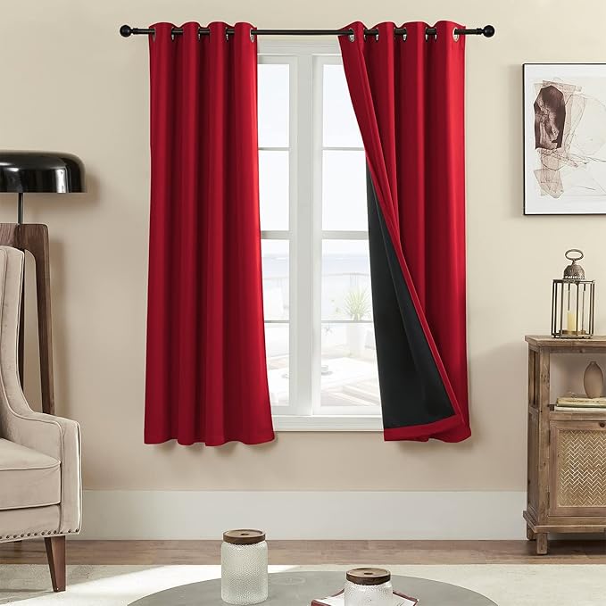 100% Blackout 340 GSM Curtain Panels , Heat and Full light Blocking Drapes with Grommets for Bedroom, Red Thermal Insulated Window Treatment Drapes for Living Room (Red, 2 Panels, 52 x 63 inch)