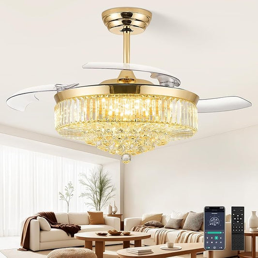 52 Inch Fandelier Ceiling Fan with Light, Retractable Chandelier Fan LED Dimmable Crystal Ceiling Fan for Bedroom Living Room Dining Room-Gold