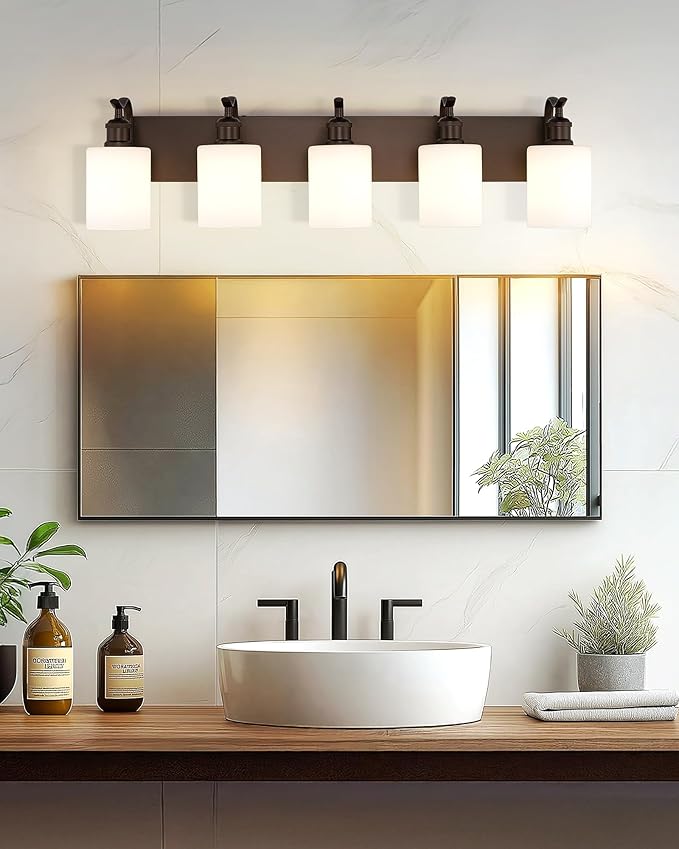5 Light Bathroom Vanity Light, Morden Vanity Lighting Fixtures Over Mirror Oil Rubbed Bronze Bathroom Wall Sconce with Milky White Frosted Shade ZCVL01ORBW-5