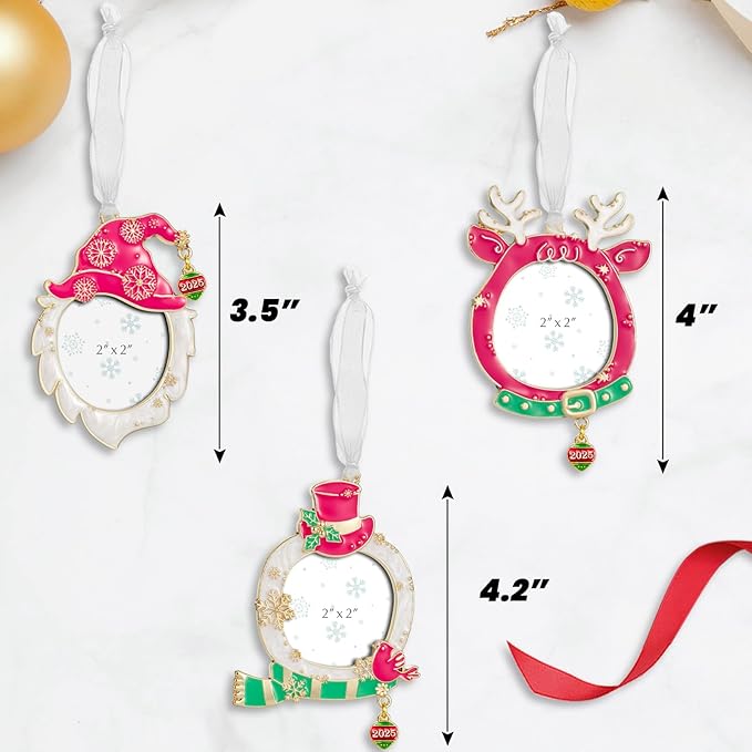 West style 2025 Snowflake Christmas Tree Ornaments Set 3 Pieces-Metallic Picture Frame Ornament Hanging Home Deco Gnomes Reindeer Hanging Pendant Holiday Keepsake Gift (Pink & Golden)