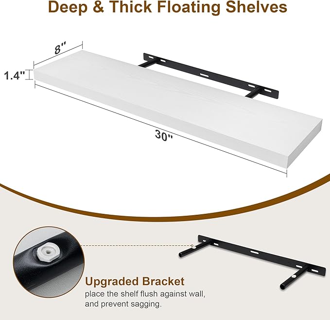 30 Inch Floating Shelves, Rustic Floating Wall Shelves 8 Inch Deep, 30 x 8 Floating Shelves for Home Decor, Deep Display & Storage Shelves for Kitchen, Bathroom, Living Room, White Color, Set of 2