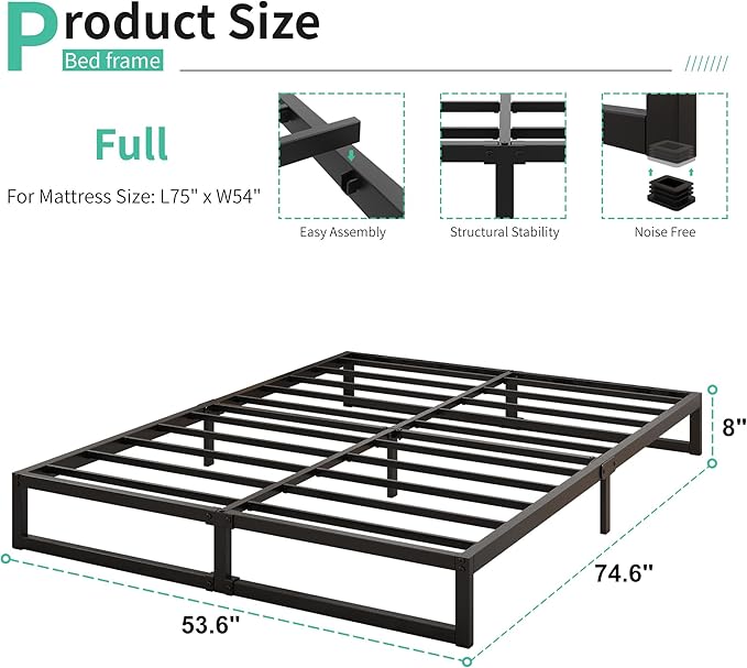 8 Inch Full Bed Frame No Box Spring Needed, Heavy Duty Metal Platform Beds with Sturdy Steal Slats for Mattress Foundation, Easy Assembly, Noise Free, Black