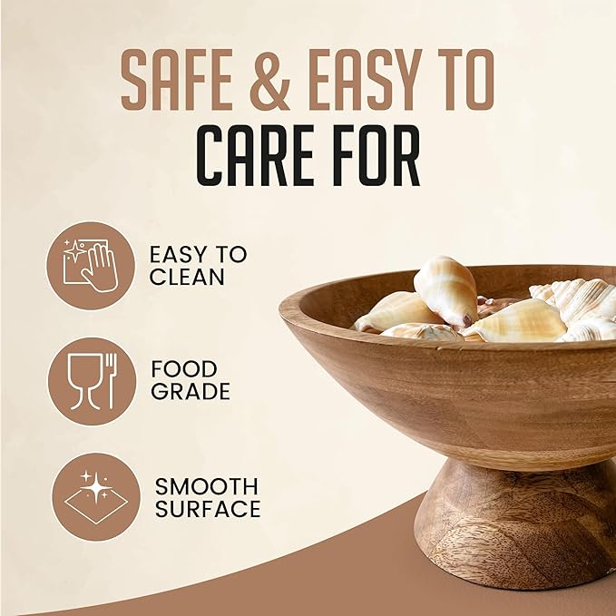 Brown Pedestal Bowl - 10 Inch, Wide Brown Footed Bowl as Fruit, Key, Decorative, Candy Holder or Centerpiece, Wooden Bowl Decorative for Kitchen, Dining Table & Modern Home Accessories