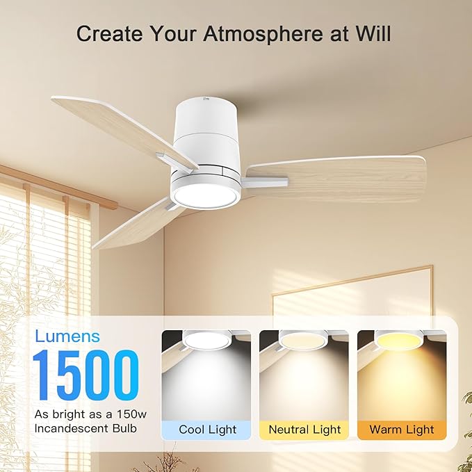 Ceiling Fans with Lights,42 inch,Quiet Reversible Motor,Easy to Install,6 Speeds,3CCT,Timer, White Modern Ceiling Fan for Living Room, Bedroom, Kitchen, Dining room, Office