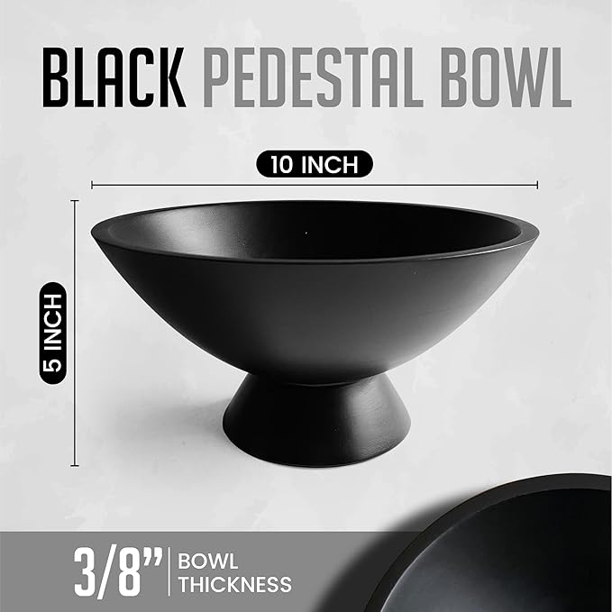 Black Pedestal Bowl - 10 Inch, Wide Black Footed Bowl as Fruit, Key, Decorative, Candy Holder or Centerpiece, Wooden Bowl Decorative for Kitchen, Dining Table & Modern Home Accessories