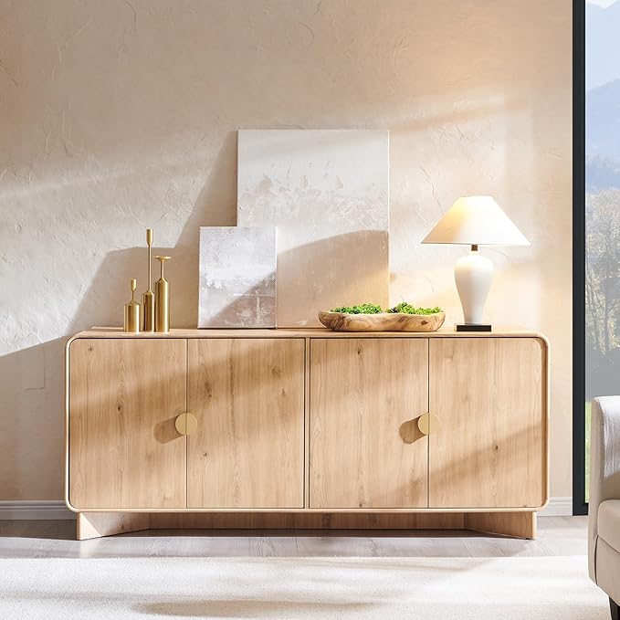 Modern Buffet Cabinet with Storage, 70" Large Sideboard Buffet Storage Cabinet with 4 Doors and Adjustable Shleves, Wooden Curved Coffee Bar for Dining Room, Kitchen, Living Room, Natural Oak
