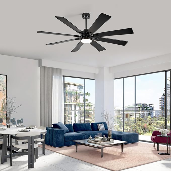 62 Inch Outdoor Ceiling Fan with Light Remote, Modern Black Industrial Ceiling Fan with 8 Blades, Dimmable Large Airflow Indoor Exterior Ceiling Fans for Patios Porch Garage Damp Rated, Quiet DC Motor