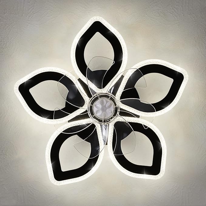 21-Inch Ceiling Fan with Lights and Remote Control, Black Geometric, 6 Wind Speeds, 3 Light Color, Low Profile, Flush Mount, for Kitchen, Bedroom, Living Room