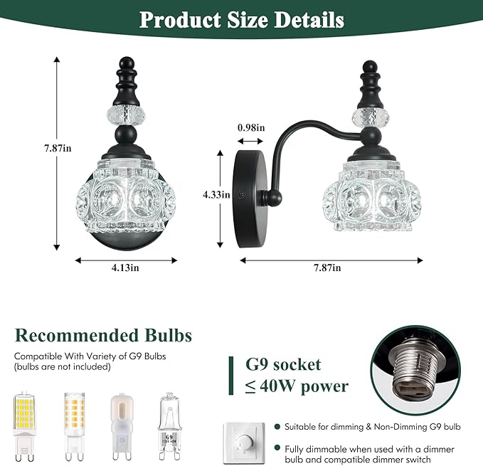 Modern Wall Sconces Set of Two Black Vintage Indoor Glass Wall Lamp Bathroom Vanity Light Fixture Wall Mounted Room Sconce Wall Lighting