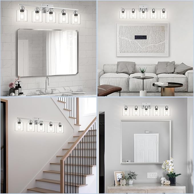 Modern Brushed Nickel 5 Light Bathroom Vanity Light, 31 inch Bathroom Light Fixtures, Vanity Lights with Clear Glass for Mirror Kitchen Living Room Hallway Cabinet Porch
