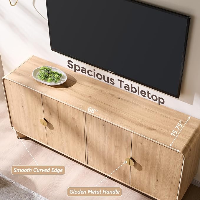 Modern Buffet Cabinet with Storage, 70" Large Sideboard Buffet Storage Cabinet with 4 Doors and Adjustable Shleves, Wooden Curved Coffee Bar for Dining Room, Kitchen, Living Room, Natural Oak