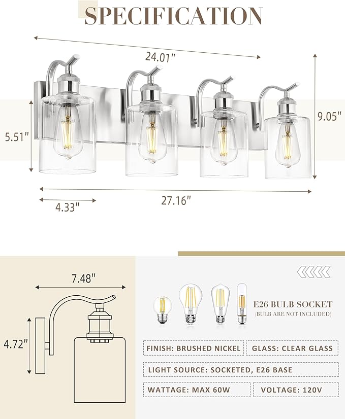 4-Light Bathroom Vanity Light, Brushed Nickel Wall Sconce, Modern Bathroom Light with Clear Glass, VL01BN-4