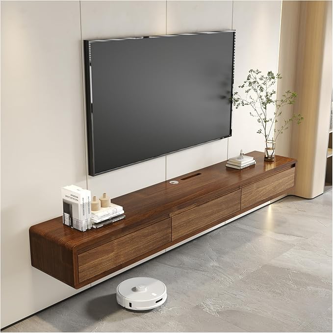 Solid Wood Floating TV Stand, Wall Mounted Entertainment Center with 2 Drawers, Floating TV Shelf for Living Room Bedroom & Office (Walnut, 47in)