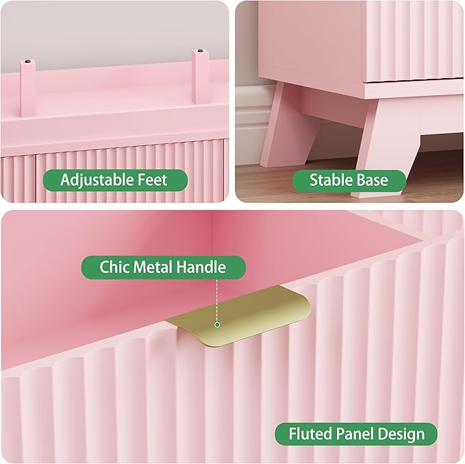 Fluted Dresser for Bedroom with 9 Drawers, 57" Wide Modern Chest of Drawers with Metal Handle, Wooden Dresser TV Stand, Wood Closet Clothes Storage Organizer for Living Room, Hallway, Pink