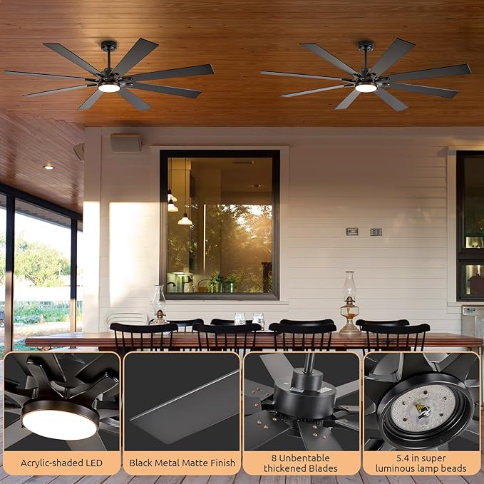 72 Inch Ceiling Fan with Lights, Large Outdoor Ceiling Fans with Light, Black Industrial Ceiling Fan 8 Blades For Great Room, Large Living Room Patio Farmhouse Damp Rated, Quiet Reversible DC Motor