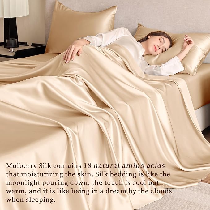 THXSILK Silk Sheet Set 5Pcs, 6A+ Top Grade 100% Pure Mulberry Silk Bed Sheets, Ultra Soft Durable Luxury Bedding Sets, 2 Fitted Sheet, 1 Flat Sheet and 2 Pillowcases (Split King, Champagne)