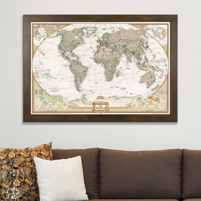 Canvas Executive World Map Pin Board – Framed Travel Map with Pins for Wall – Personalized Push Pin World Map for Tracking Journeys – 27.5" x 39.5" Rustic Brown Frame