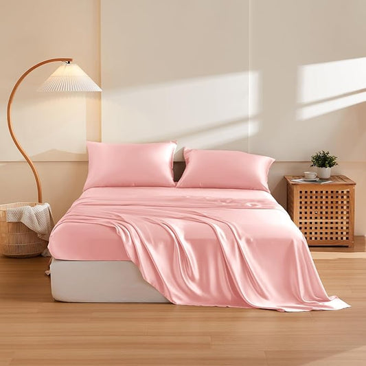 THXSILK Silk Sheet Set 5Pcs, 6A+ Top Grade 100% Pure Mulberry Silk Bed Sheets, Cooling Ultra Soft Durable Bedding Sets, 2 Fitted Sheet, 1 Flat Sheet and 2 Pillowcases (Split King, Charming Pink)