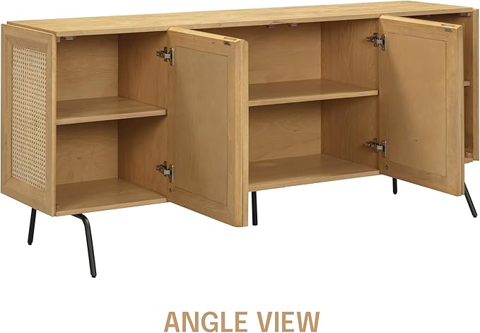 NTC MOSSIC Modern Sideboard with 4 Doors, Natural Rattan Storage Cabinet, Buffet with Metal Legs, Boho Accent Cabinet for Living Room, and Entryway, Effortless Assembly, Sand