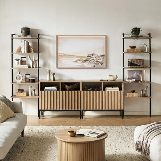 mopio Norwin 4 Piece Entertainment Center with Storage, 70" TV Stand, Industrial Modern Television Accent Cabinet, Oak Wood Media Console Table with 5-Tier Shelf Bookcase (5-Tier Cabinet Set)